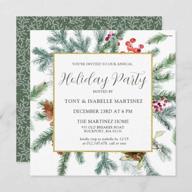 Elegant Rustic Winter Botanical Holiday Party Invi Invitation (Front/Back)