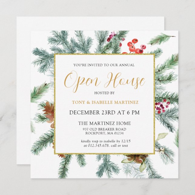 Elegant Rustic Winter Botanical Open House Invitat Invitation (Front/Back)