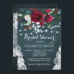 Elegant rustic winter floral lace bridal shower invitation<br><div class="desc">Winter rustic bridal shower party stylish invitation template on a dark navy blue chalkboard featuring a beautiful red wine burgundy and white peony roses bouquet with hunter green seasonal foliage, strings of white twinkle lights, lace corners, and a chic calligraphy script. Easy to personalise with your details! The invitation is...</div>