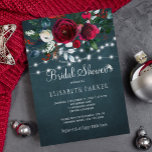 Elegant rustic winter peony roses bridal shower invitation<br><div class="desc">Rustic winter seasonal bridal shower party stylish invitation template on a dark midnight blue chalkboard featuring a beautiful red wine burgundy and white peony roses bouquet with hunter pine green foliage, strings of white twinkle lights, and a chic calligraphy script. Easy to personalise with your details! The invitation is suitable...</div>