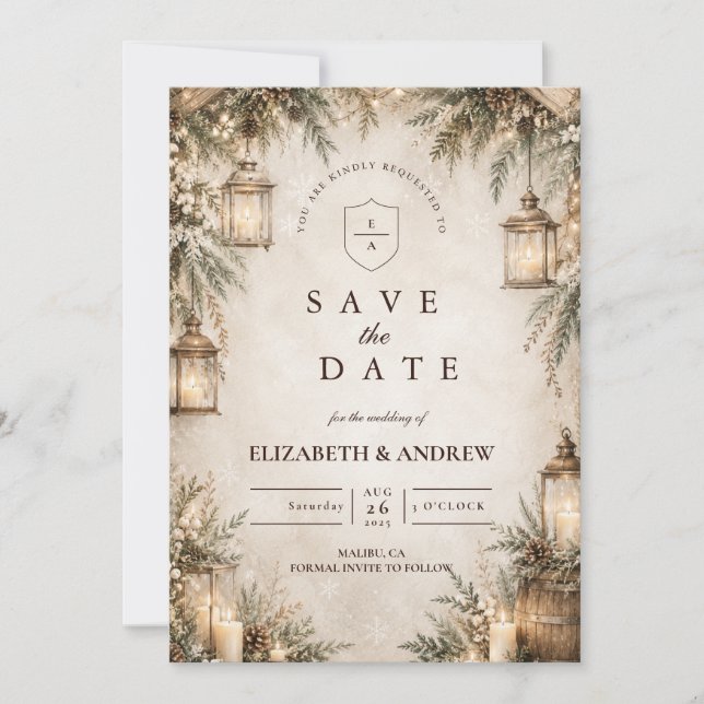 Elegant Rustic Winter Wedding Save The Date (Front)