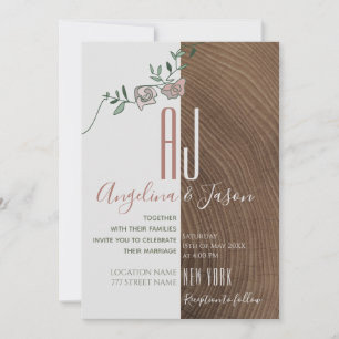 Elegant Rustic Wood and Dusty Rose Floral Wedding Invitation