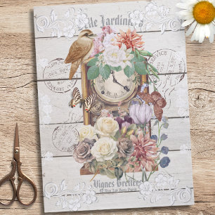 Elegant rustic wood Antique clock floral French Tissue Paper