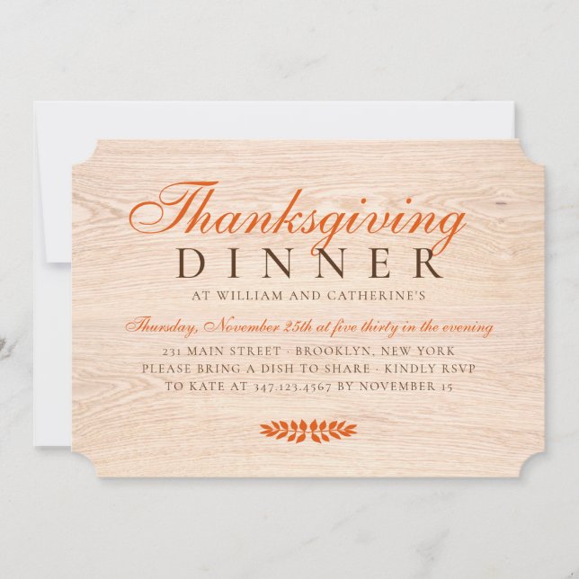 Elegant Rustic Wood Autumn Leaves Thanksgiving Invitation (Front)