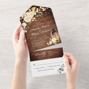 Elegant Rustic Wood Blush Roses Wedding All In One Invitation