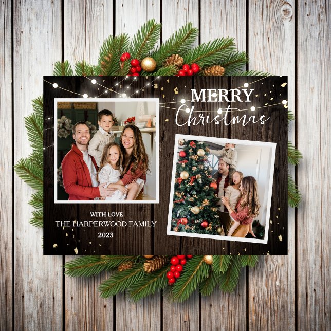 Elegant Rustic Wood Christmas Family 2 Photo Holiday Card (Creator Uploaded)
