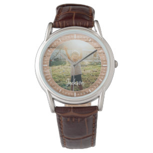 Elegant Rustic Wood Custom Name Photo Watch