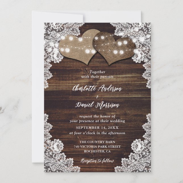Elegant Rustic Wood Floral Lace Lights Wedding Invitation (Front)
