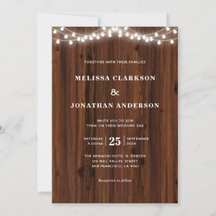 Elegant Rustic Wood Glowing String Lights Wedding Invitation