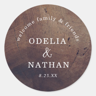 Elegant Rustic Wood Grain Texture Arched Wedding Classic Round Sticker