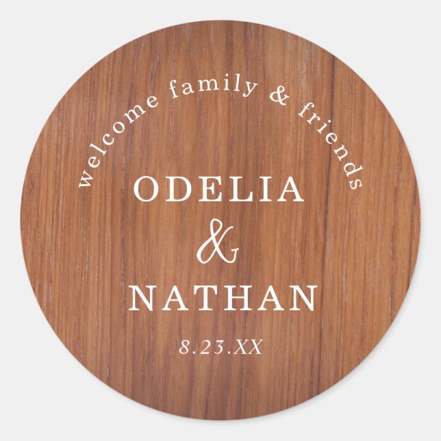 Elegant Rustic Wood Grain Texture Arched Wedding Classic Round Sticker (Front)