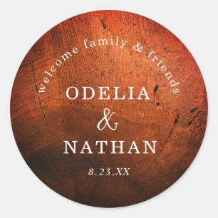 Elegant Rustic Wood Grain Texture Arched Wedding Classic Round Sticker