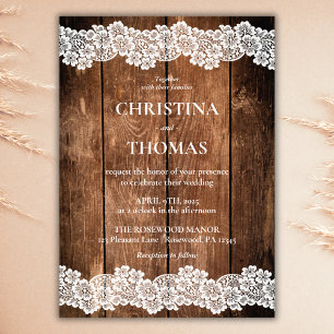Elegant Rustic Wood Lace Wedding Invitation