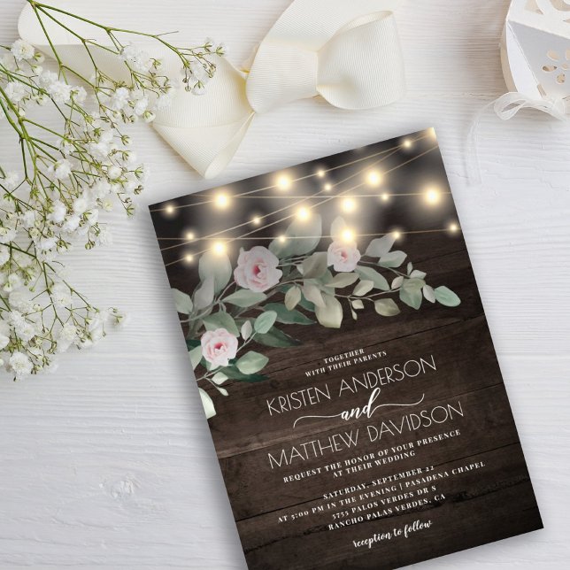 Elegant Rustic Wood Lights Boho Greenery Wedding Invitation (Creator Uploaded)