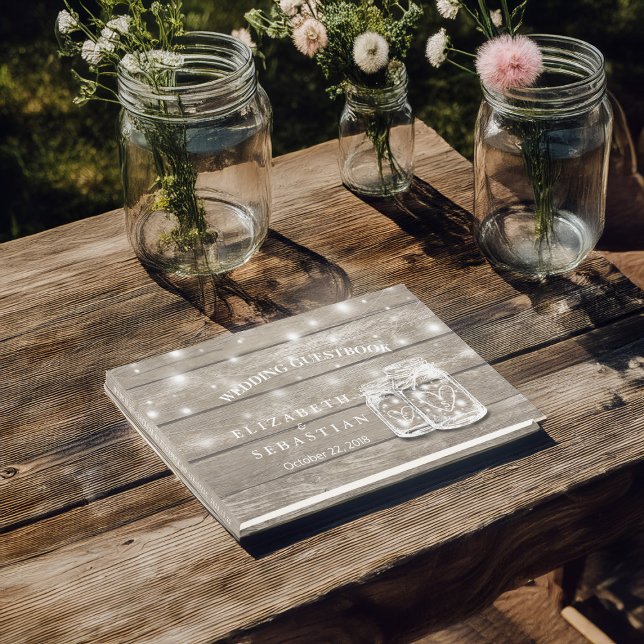 Elegant Rustic Wood Mason Jar String Light Wedding Guest Book (Creator Uploaded)