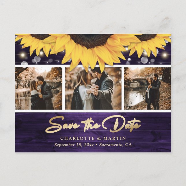 Elegant Rustic Wood Purple Sunflower Wedding Photo Announcement Postcard (Front)
