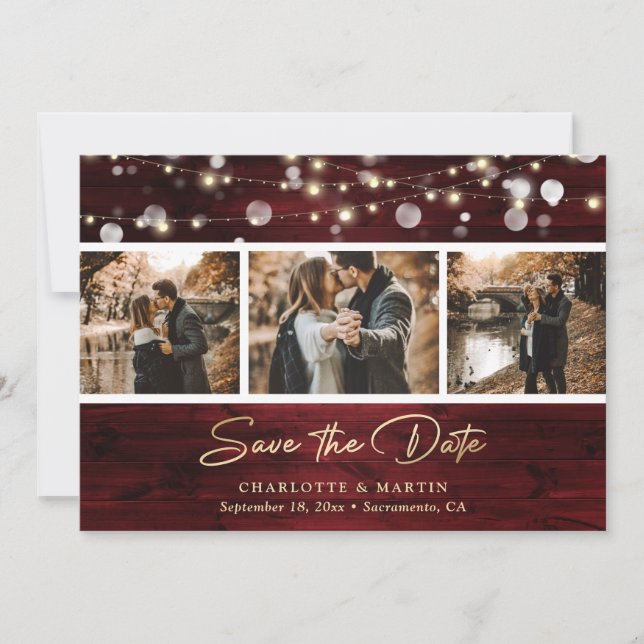Elegant Rustic Wood Red Gold Foil Wedding Photo Save The Date (Front)