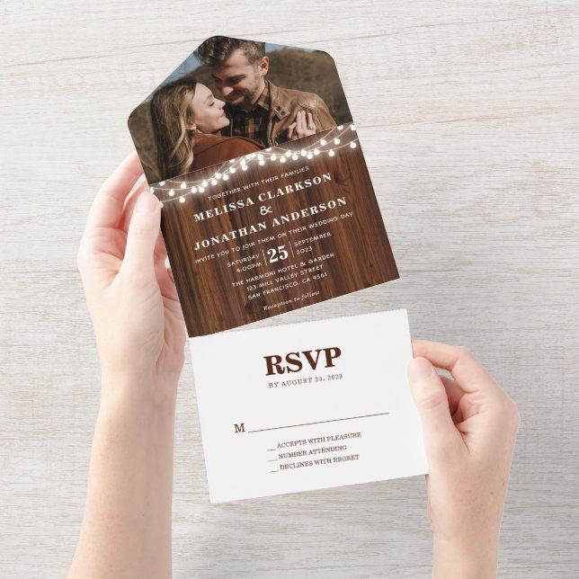 Elegant Rustic Wood String Lights Photo Wedding All In One Invitation (Tearaway)