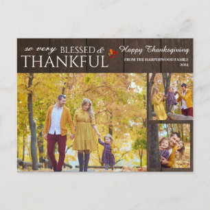 Elegant Rustic Wood thanksgiving family 3 photo Holiday Postcard