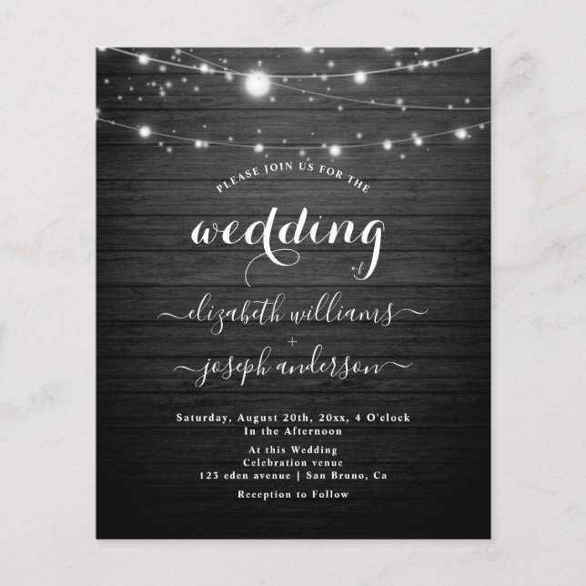 Elegant| Rustic Wood & White Lights String wedding Flyer (Front)