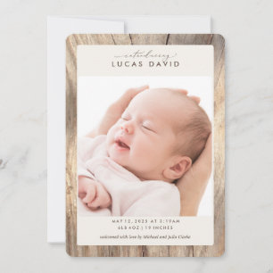 Elegant Rustic Woodgrain Photo Birth Announcement