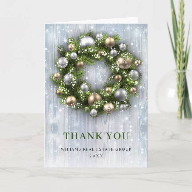 Elegant Rustic Wreath Christmas Greeting Holiday Thank You Card (Front)