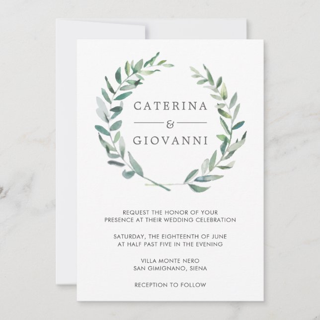 Elegant Rustic Wreath Greenery Wedding Invitation (Front)