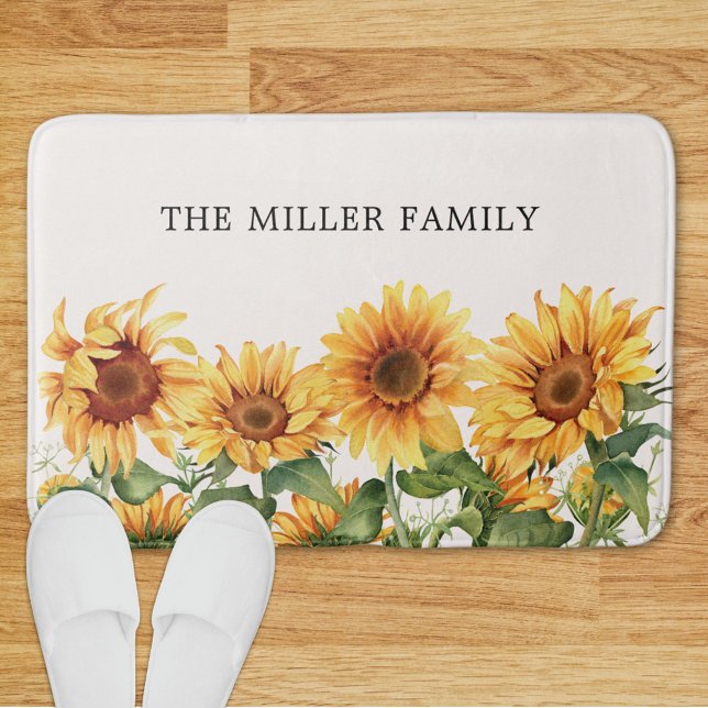 Elegant Rustic Yellow Sunflower Garden Bath Mat (In situ)