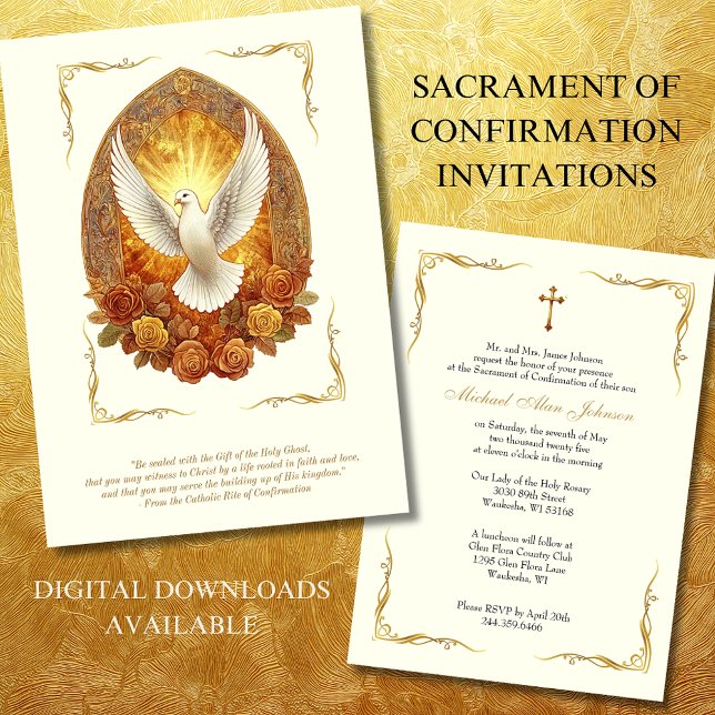 Elegant Sacrament of Confirmation Dove Roses  Invitation (Creator Uploaded)