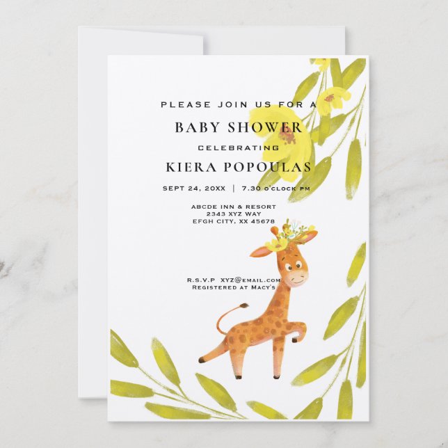 Elegant Safari Giraffe Pink Floral Baby Shower Invitation (Front)