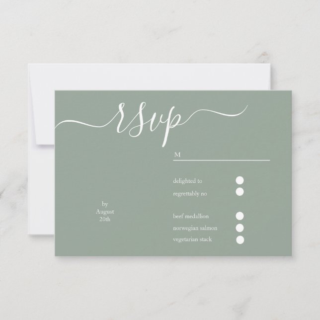 Elegant Saga Green script  wedding RSVP Card (Front)