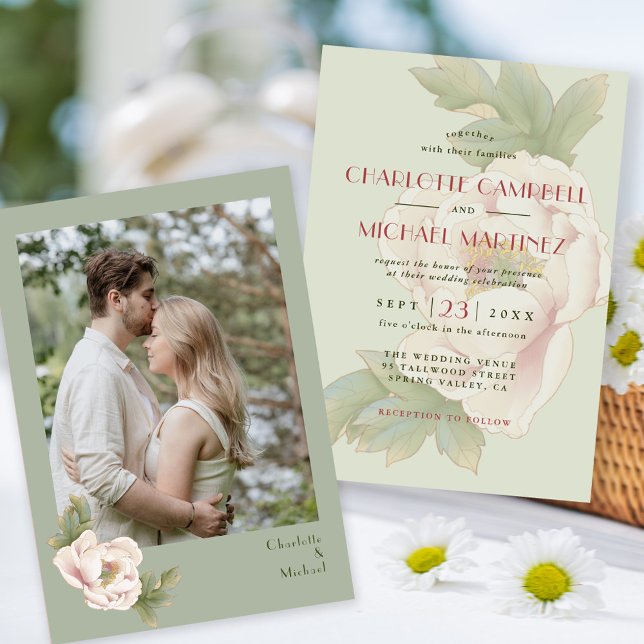 Elegant Sage and Blush Peony Floral Photo Wedding Invitation (Creator Uploaded)