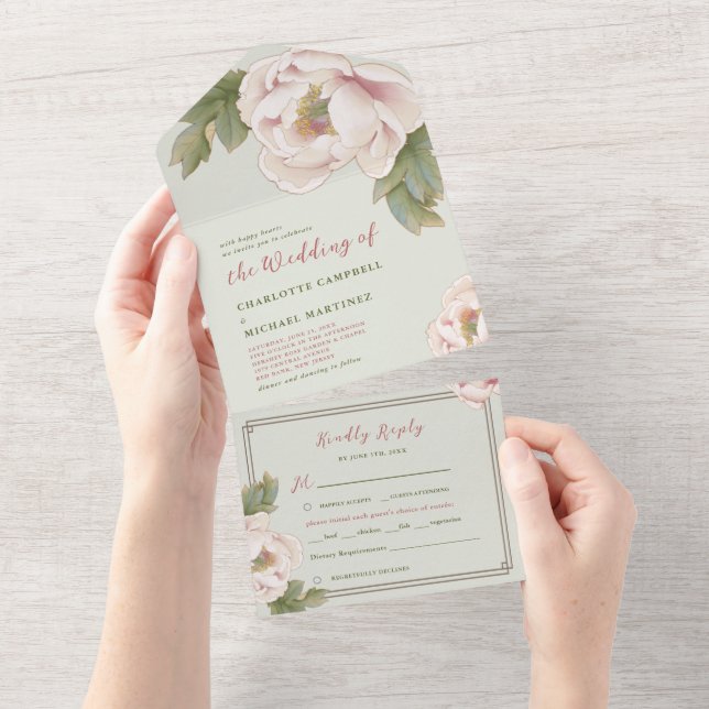 Elegant Sage and Blush Peony Rose Floral Wedding  All In One Invitation (Tearaway)