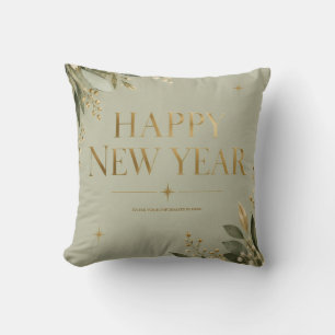 Elegant Sage and Gold Happy New Year Greeting Cushion