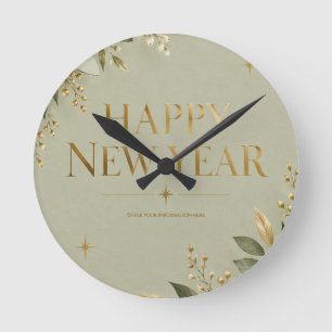 Elegant Sage and Gold Happy New Year Greeting Round Clock