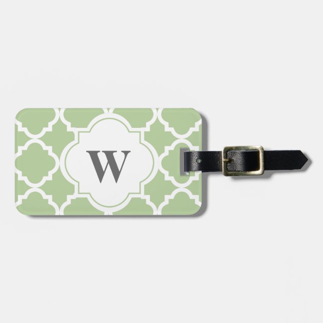 Elegant Sage and White Quatrefoil Monogram Luggage Tag (Front Horizontal)
