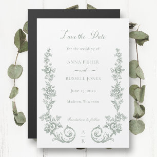 Elegant Sage Baroque Roses Save the Date Magnetic Invitation
