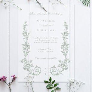 Elegant Sage Baroque Roses Wedding Acrylic Invitations