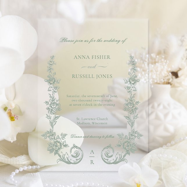 Elegant Sage Baroque Roses Wedding Vellum Invitations (Creator Uploaded)