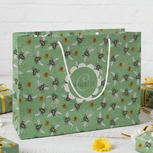 Elegant Sage Bee & Daisy Flower Pattern Large Gift Bag