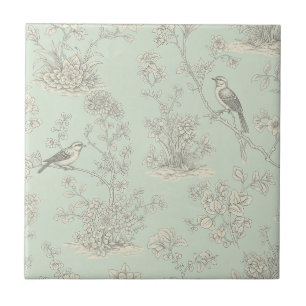 Elegant Sage Bird Botanical Toile Pattern Ceramic Tile