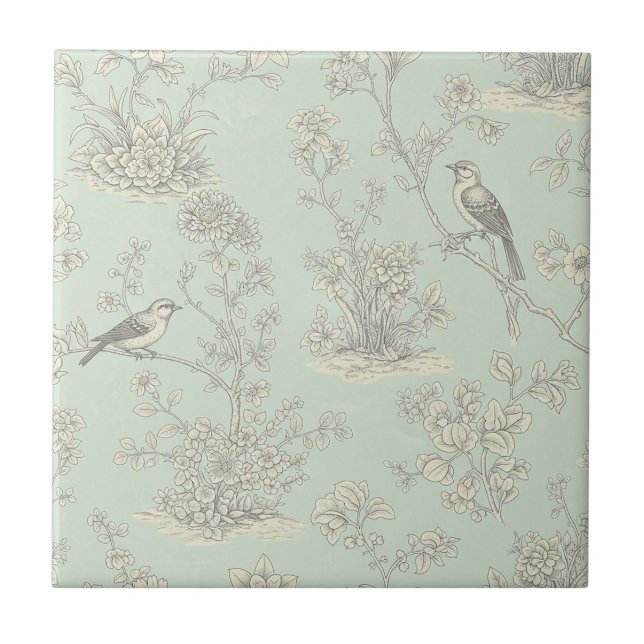 Elegant Sage Bird Botanical Toile Pattern Ceramic Tile (Front)