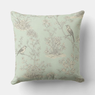 Elegant Sage Bird Botanical Toile Pattern Cushion