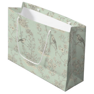 Elegant Sage Bird Botanical Toile Pattern Large Gift Bag