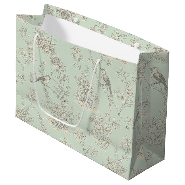 Elegant Sage Bird Botanical Toile Pattern Large Gift Bag (Front Angled)