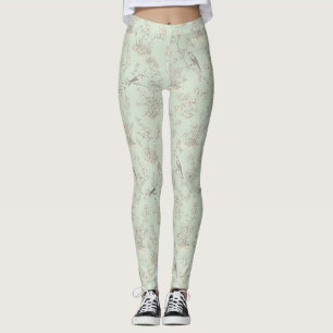 Elegant Sage Bird Botanical Toile Pattern Leggings
