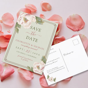 Elegant Sage & Blush Peony Floral Save the Date Postcard