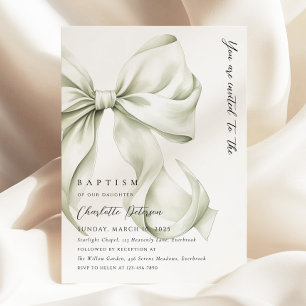 Elegant Sage Bow Baptism Invitation