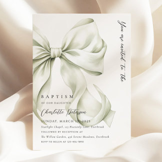 Elegant Sage Bow Baptism Invitation