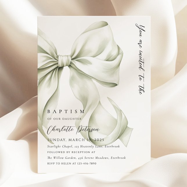 Elegant Sage Bow Baptism Invitation (Creator Uploaded)